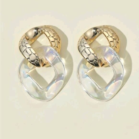 Gold Statement Hoop Earrings Chunky Clear Resin Chain Link Oversized 💖 - Picture 1 of 12